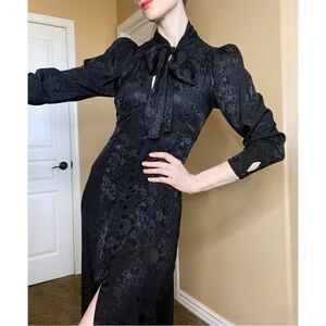 ARITZIA NEW Le Fou 100% Silk Black Floral Satin Long Sleeve Tie Neck Mambo Dress